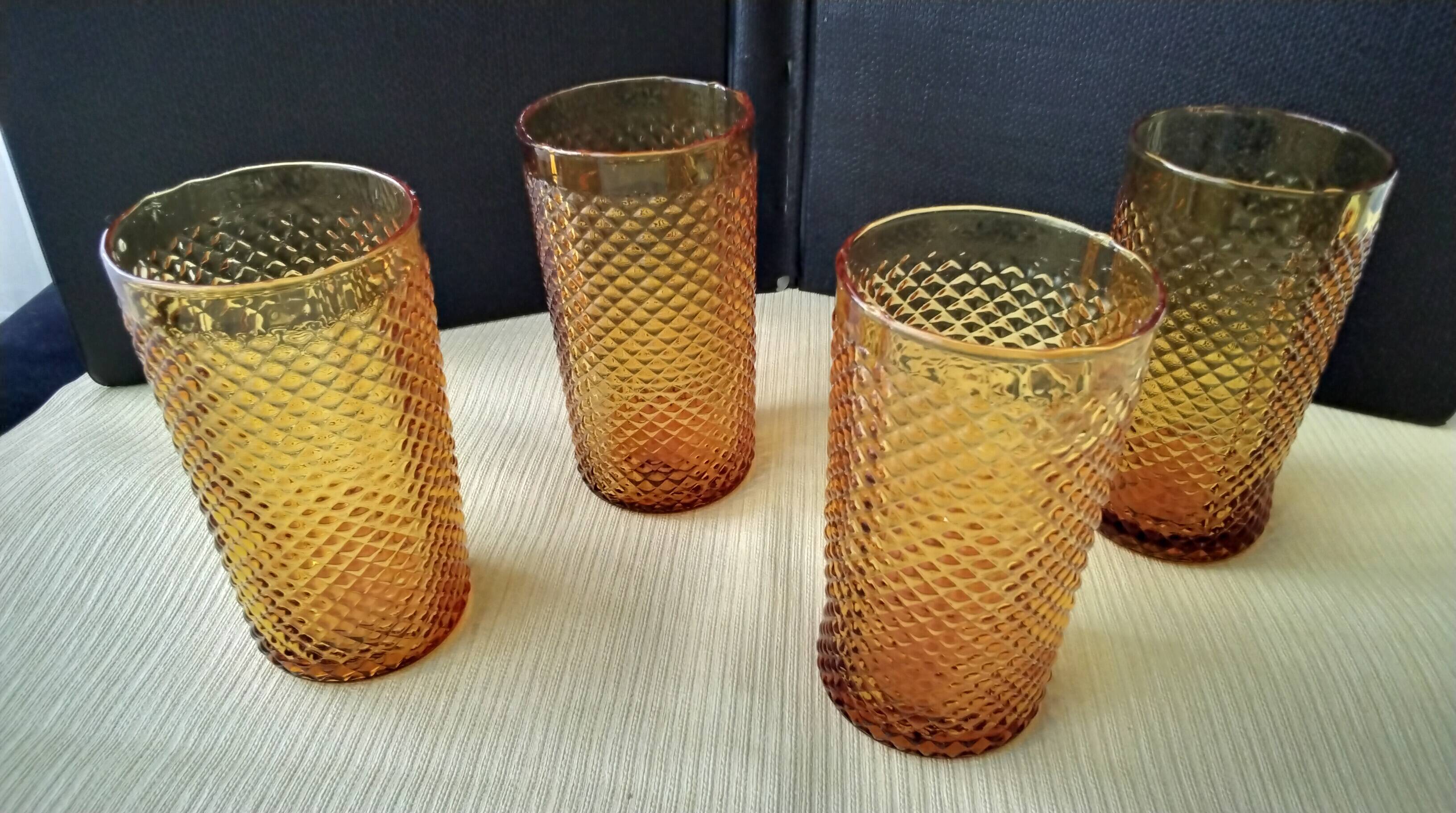 4 vintage amber glass water or orangeade glasses