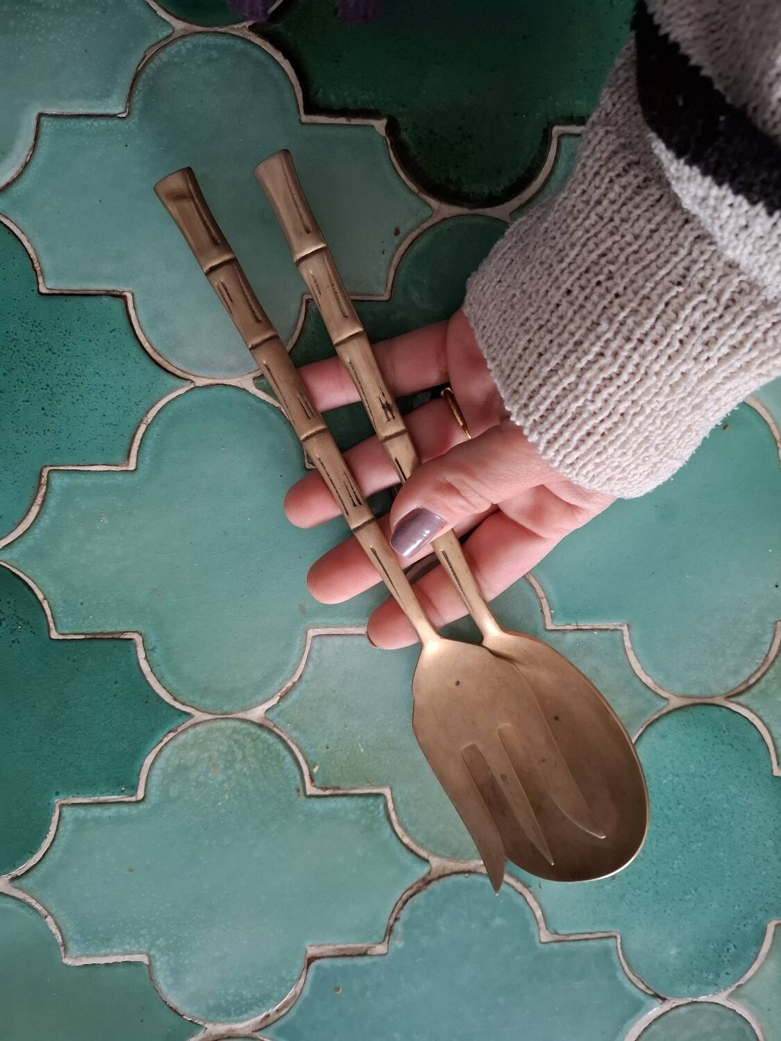 Vintage bamboo gilded brass cutlery