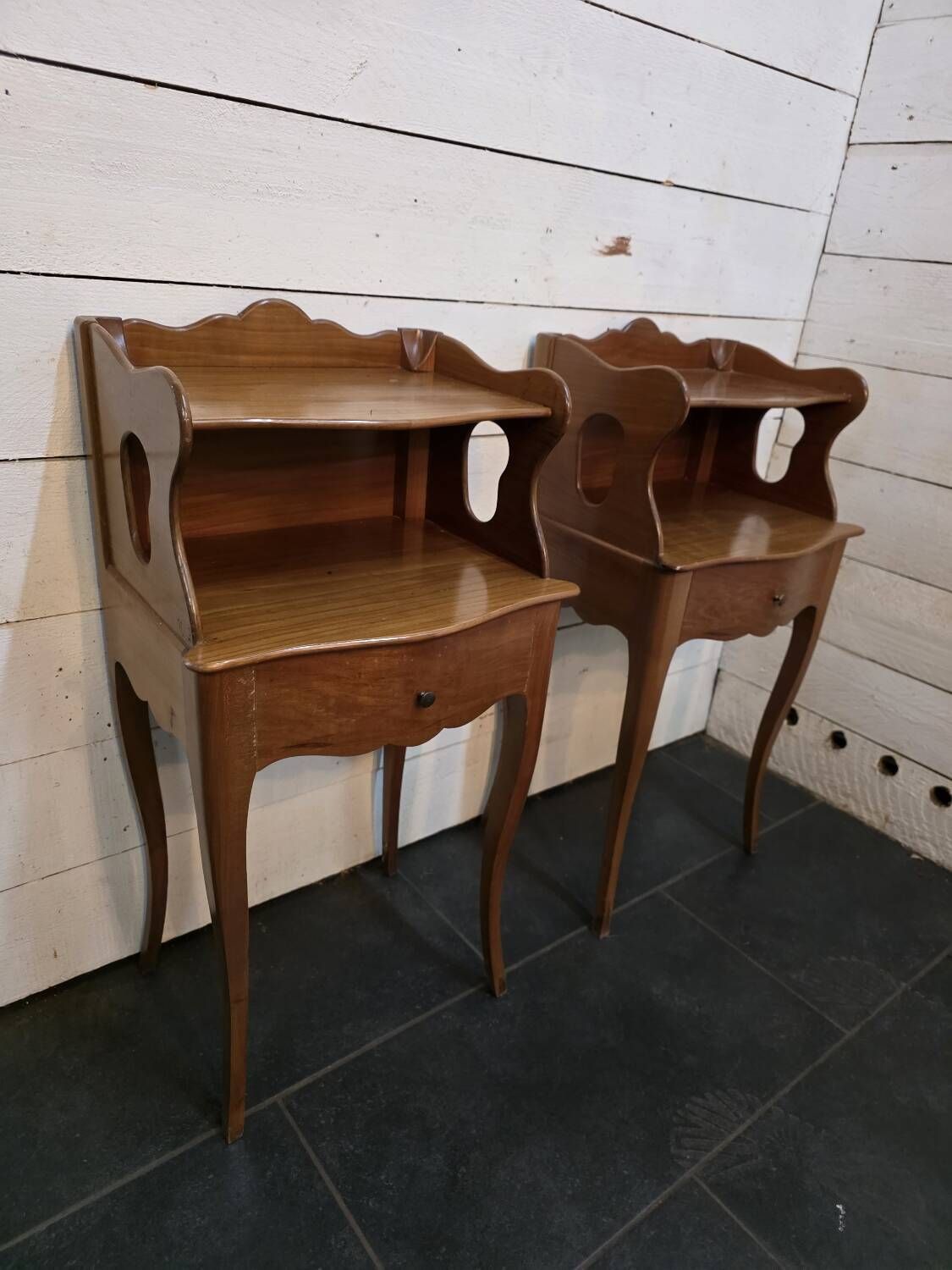 Pair of Louis XV style curved bedside tables in cherry wood