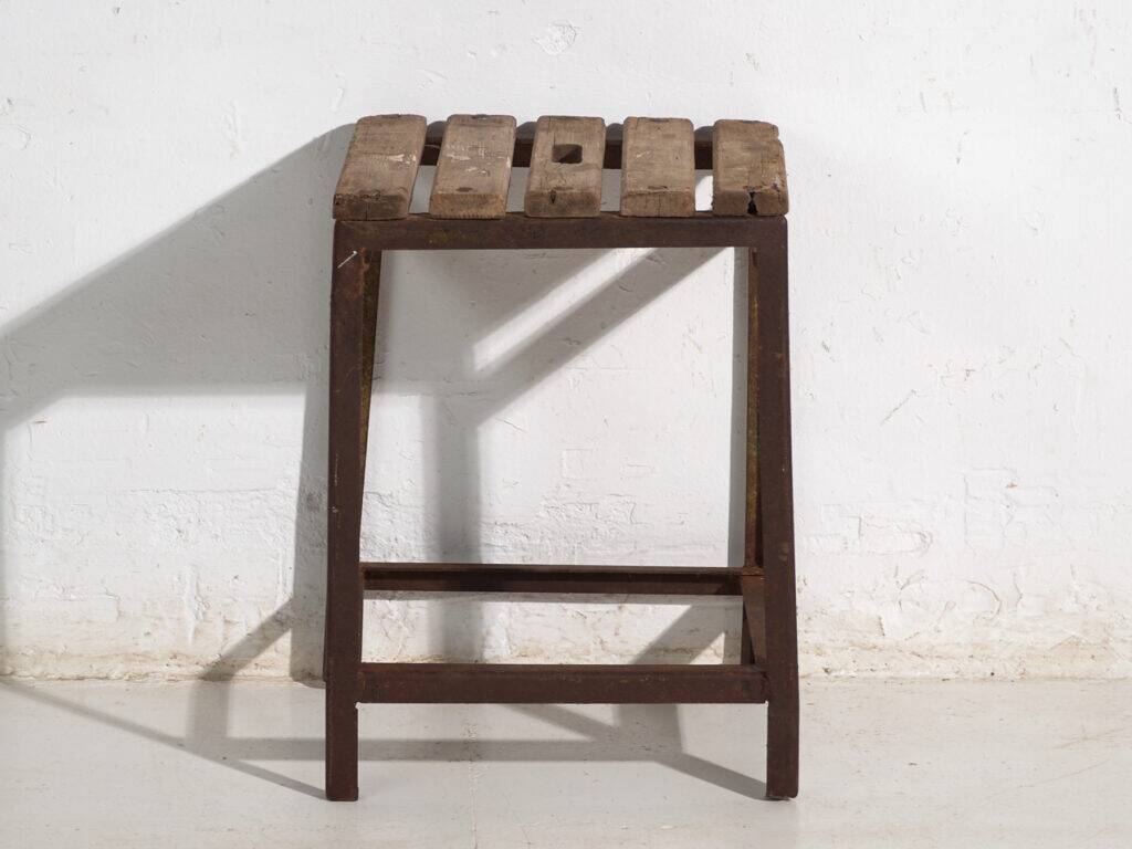 Vintage industrial stool made of pine wood and iron – Central Europe, around 1950