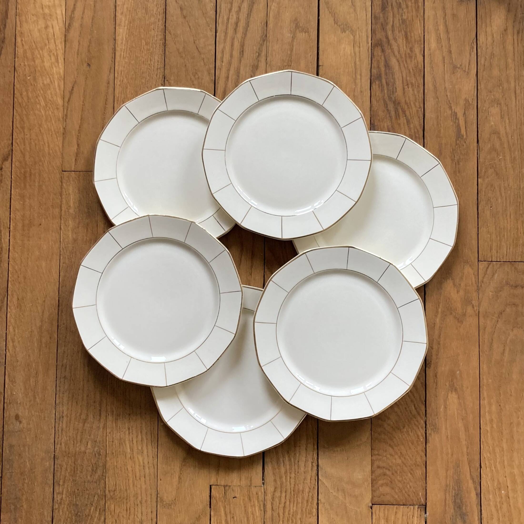 Set of 6 old Badonviller earthenware flat plates off-white and vintage gold tableware