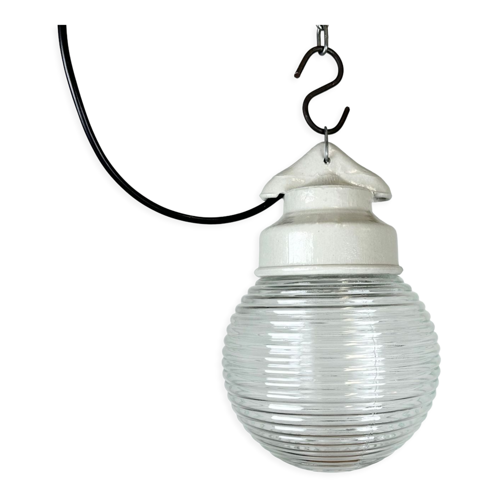 Industrial white porcelain pendant light with ribbed glass, 1970s
