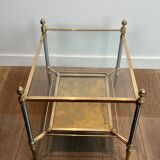 Pair of neoclassical side tables in steel and brass by Maison Jansen.