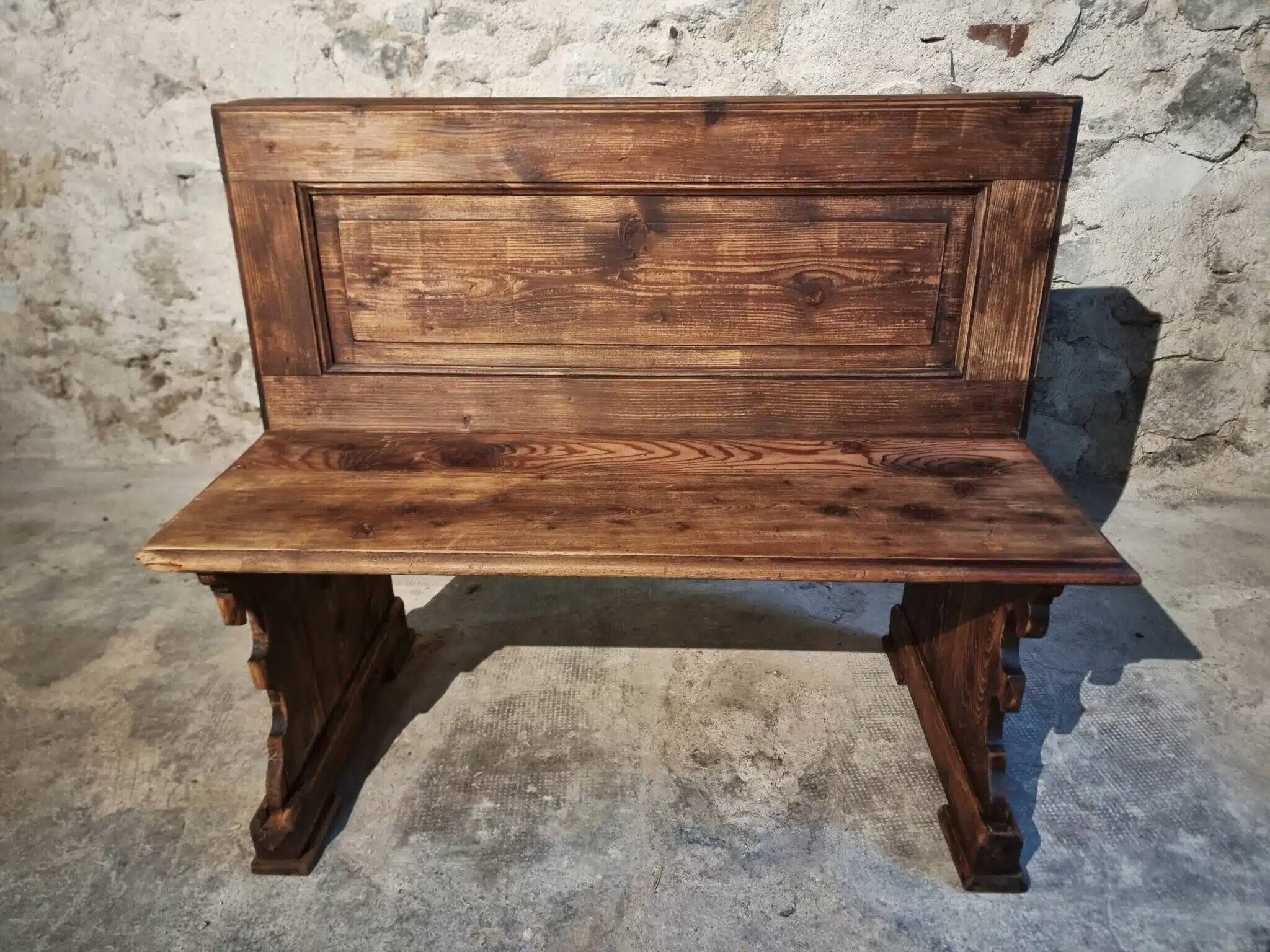 Antique French pine bench – circa 1920 – rustic church pew style