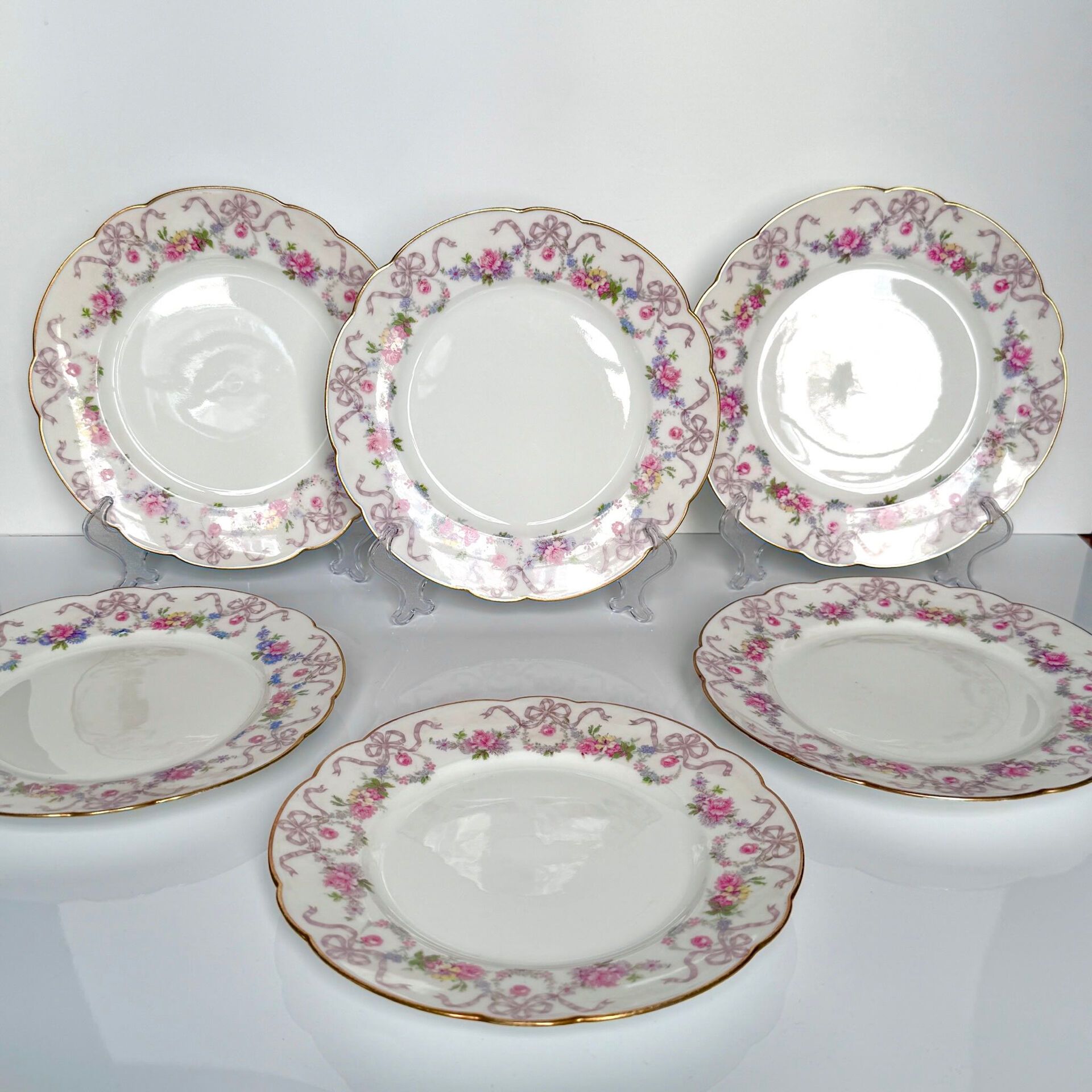 Set of 6 Limoges porcelain dessert plates with garlands and