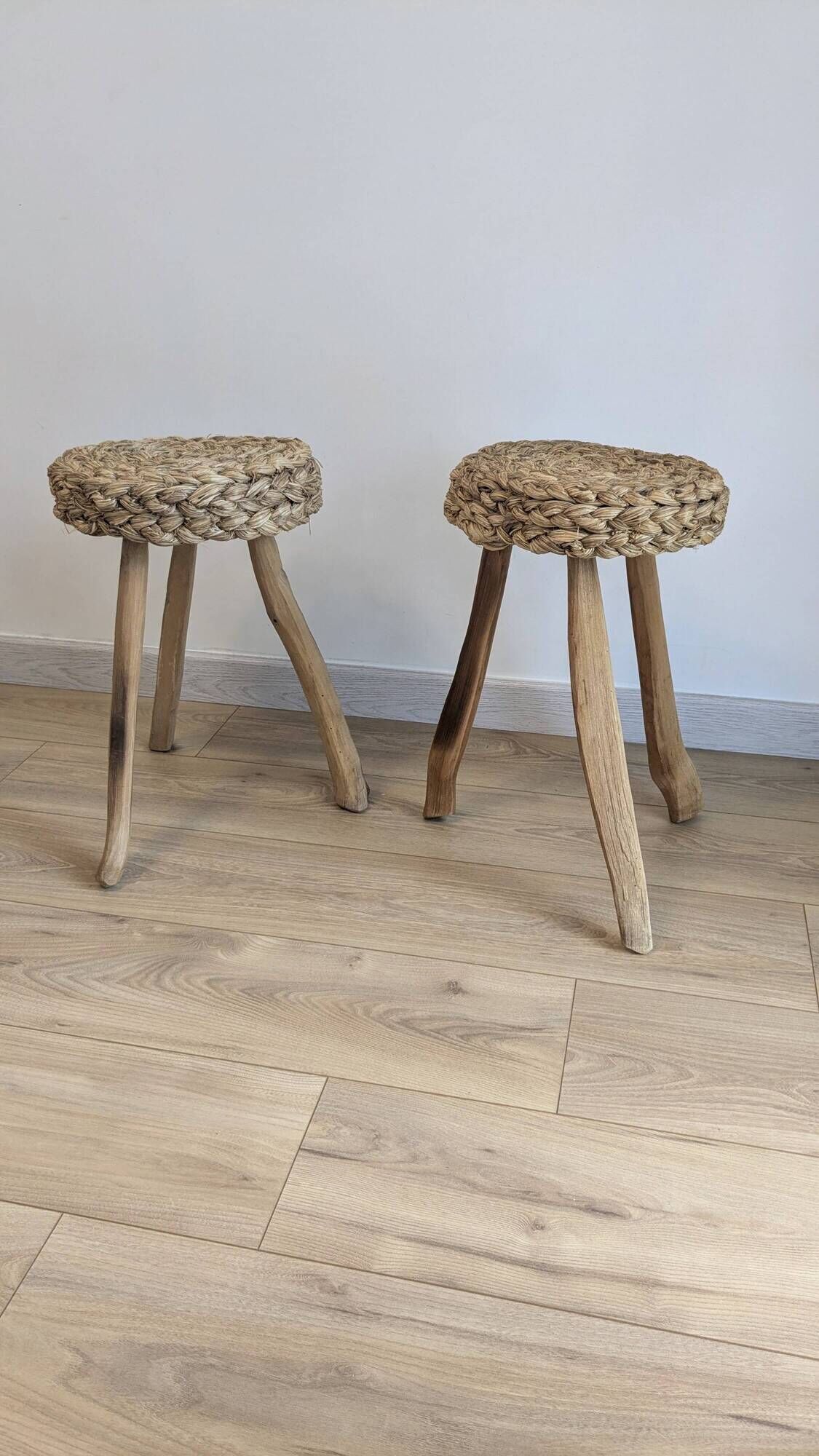 Pair of brutalist tripod stools attributed to Audoux & Minet.