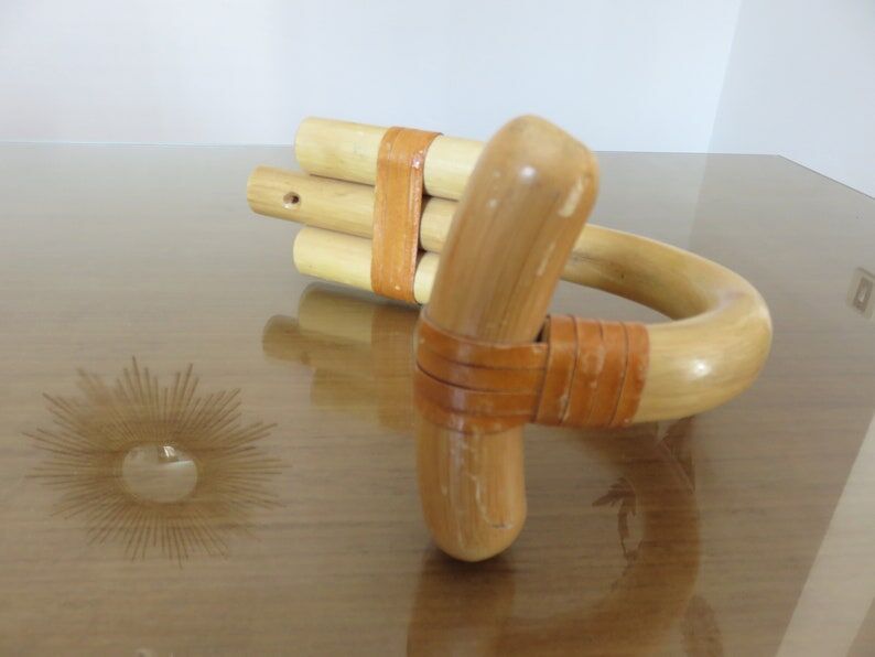 Wooden wall coat door hook with leather straps 60s 70s