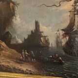 "View of a Busy Port" Oil on Canvas and its Frame, 18th Century