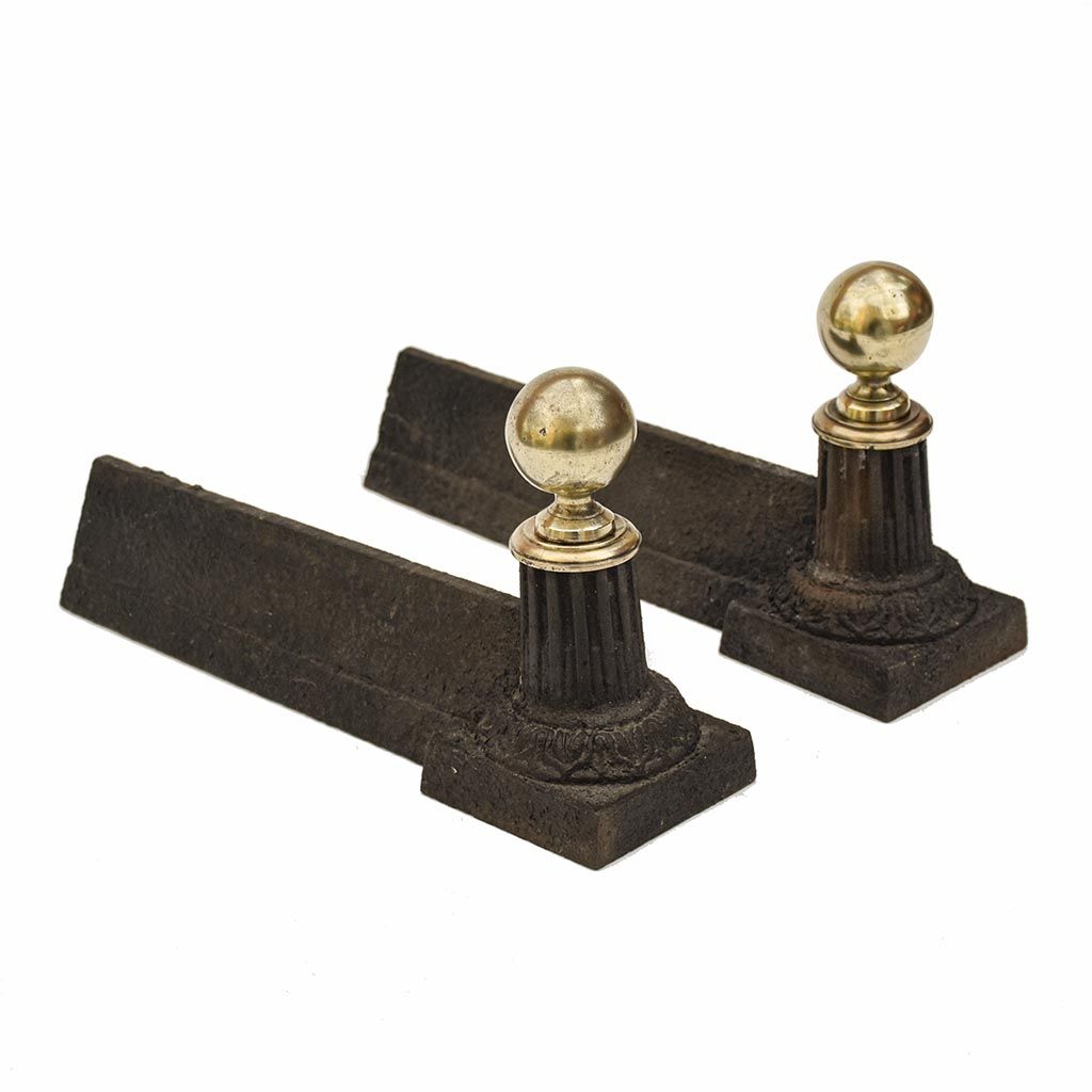 Pair of cast iron channels and brass ball 19th antique fireplace accessory