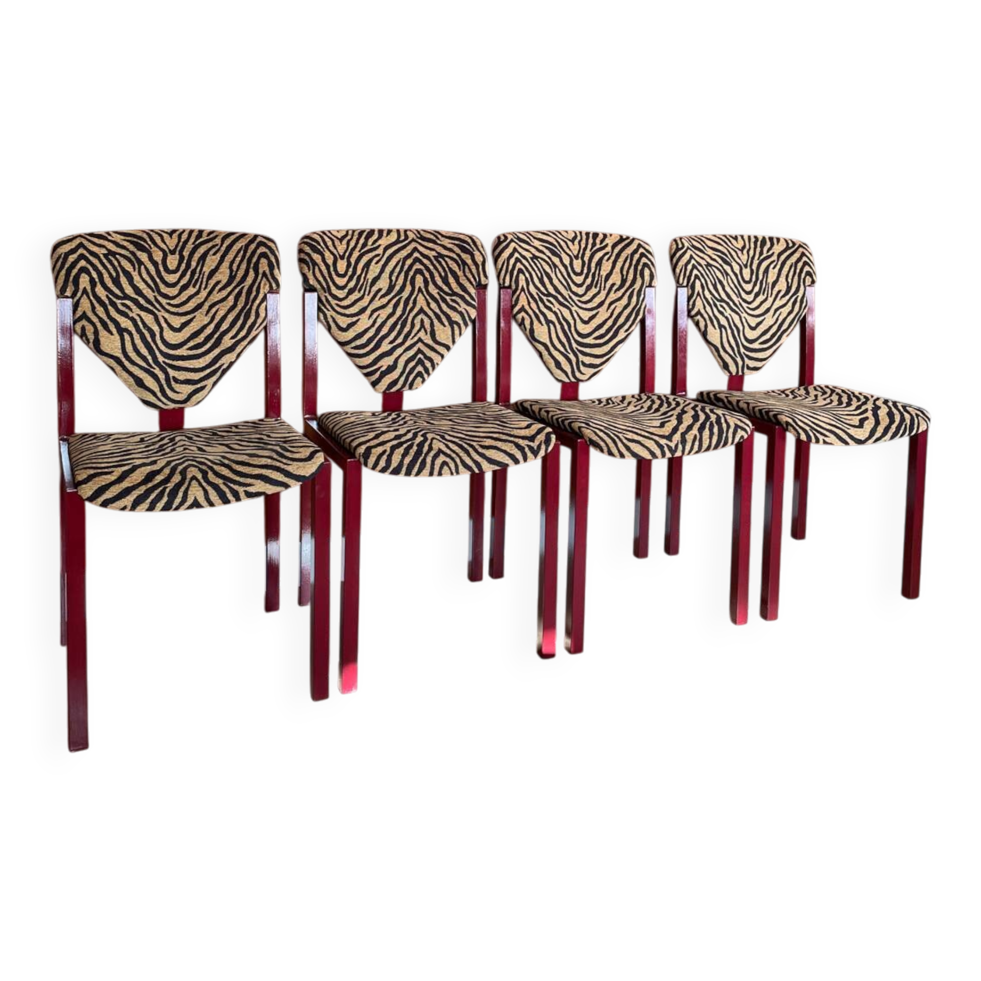 4 red lacquered zebra chairs