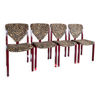 4 red lacquered zebra chairs