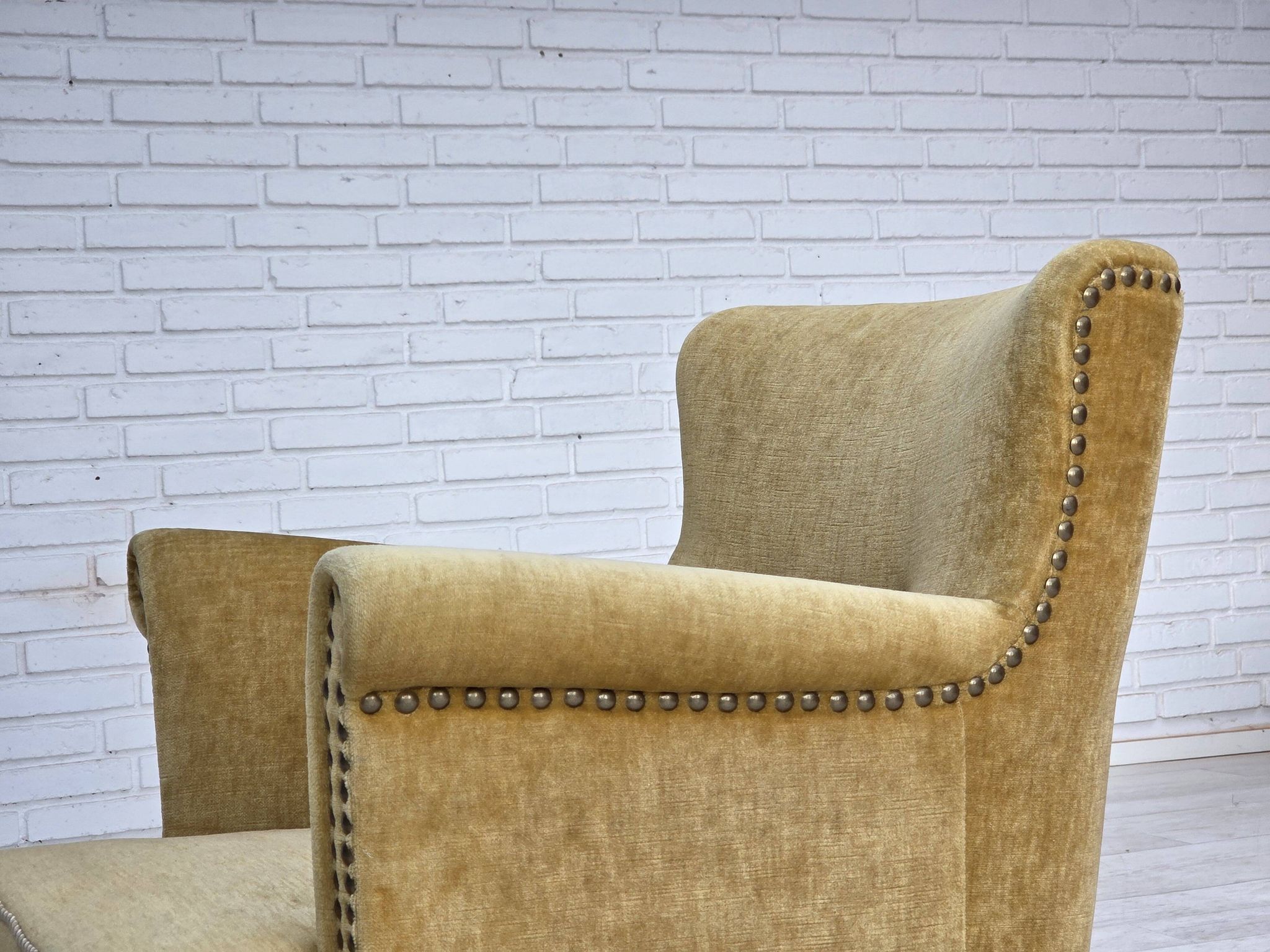 1960s, Danish armchair, honey-yellow furniture velour, original condition.