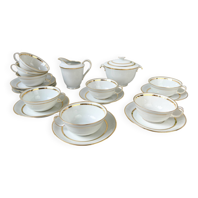 Service à thé/café vintage en porcelaine Bernardaud & Cie Limoges France blanche doré