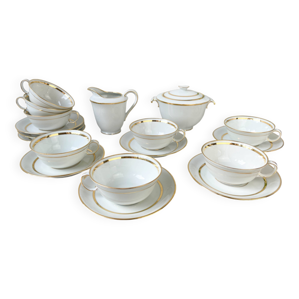 Service à thé/café vintage en porcelaine Bernardaud & Cie Limoges France blanche doré