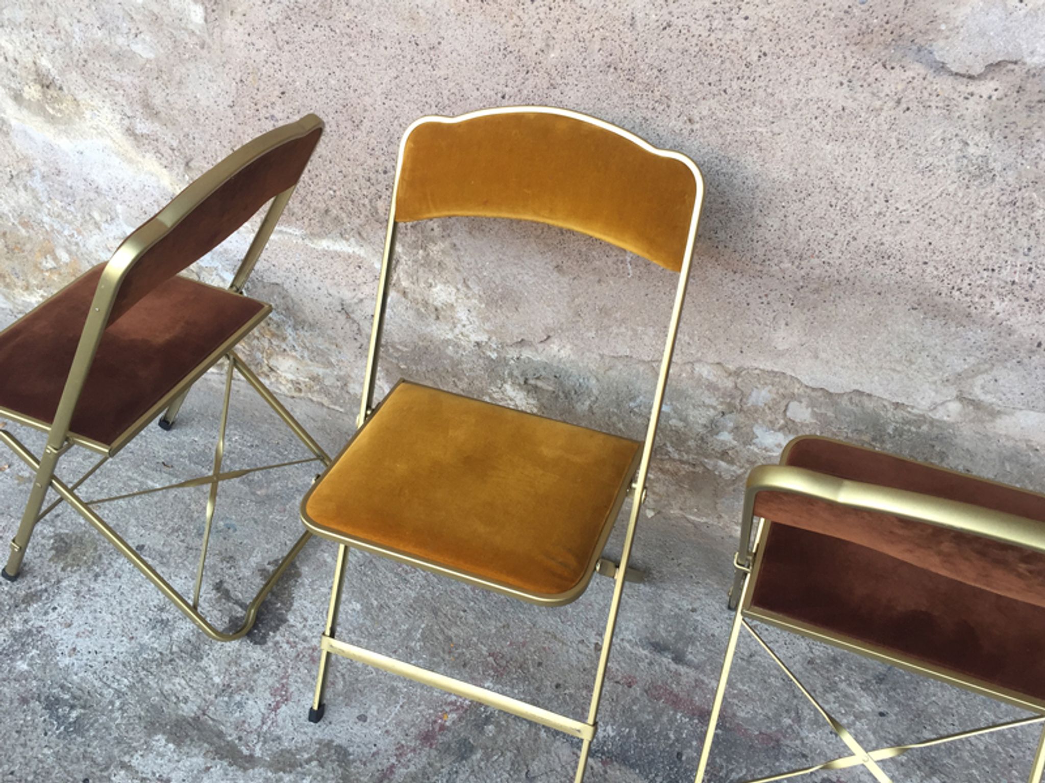 4 folding chairs in Velvet, cinema, gold metal, made in Belgium