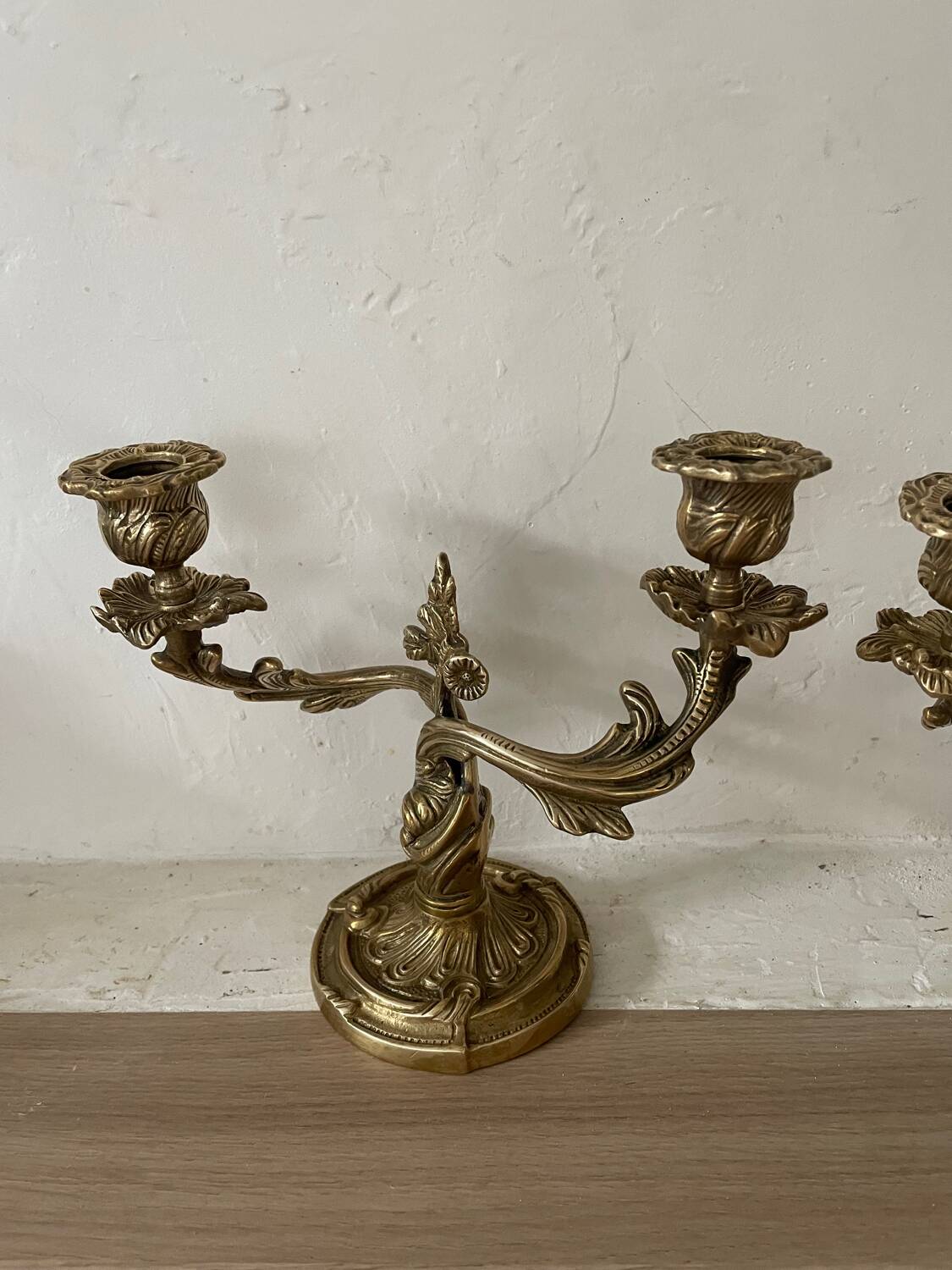 Pair of rocaille candlesticks in gilded bronze