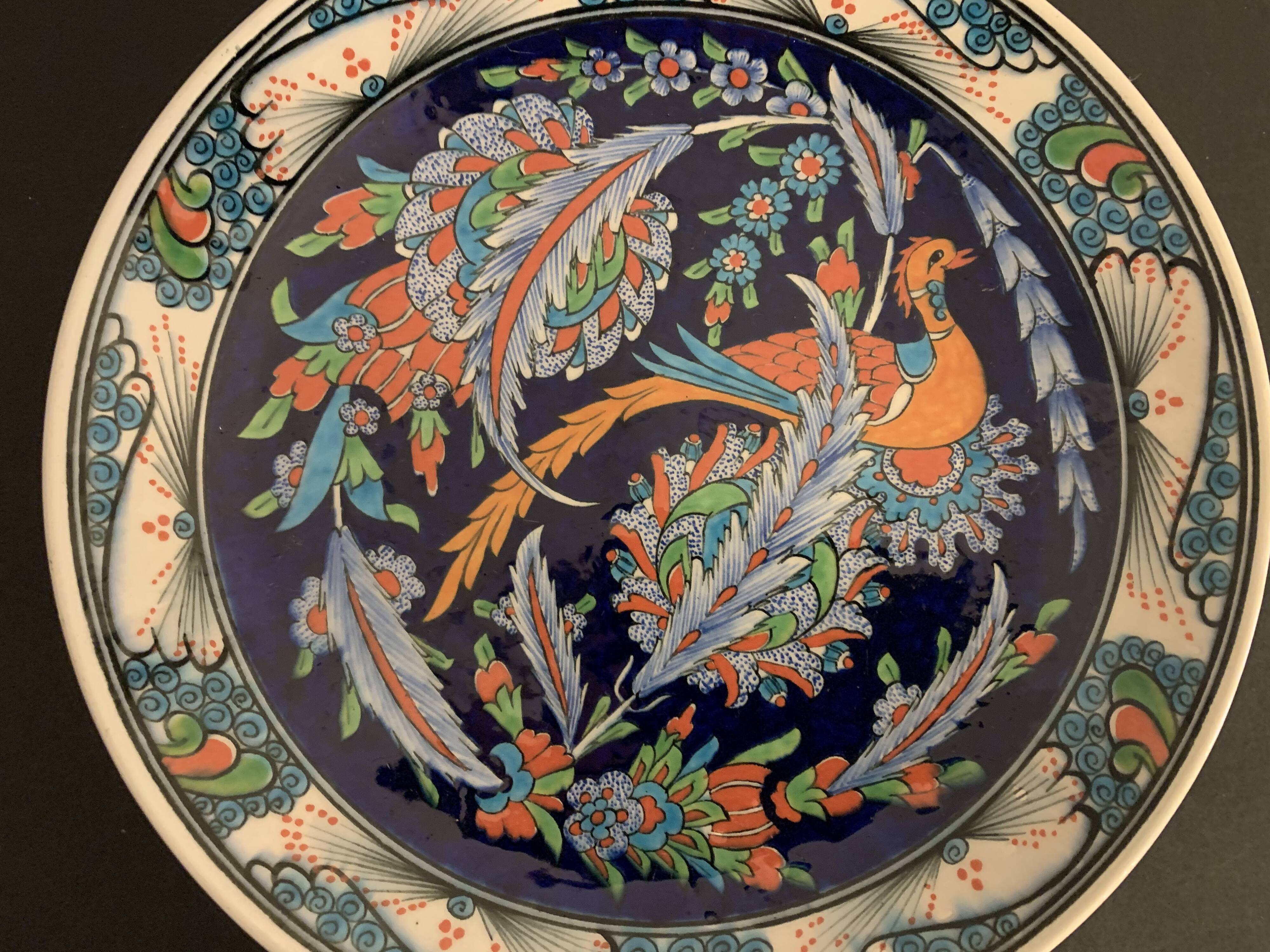 Turkish earthenware dish, coloured, handmade and signed Coskun Uzun, Kotahya, Turkey