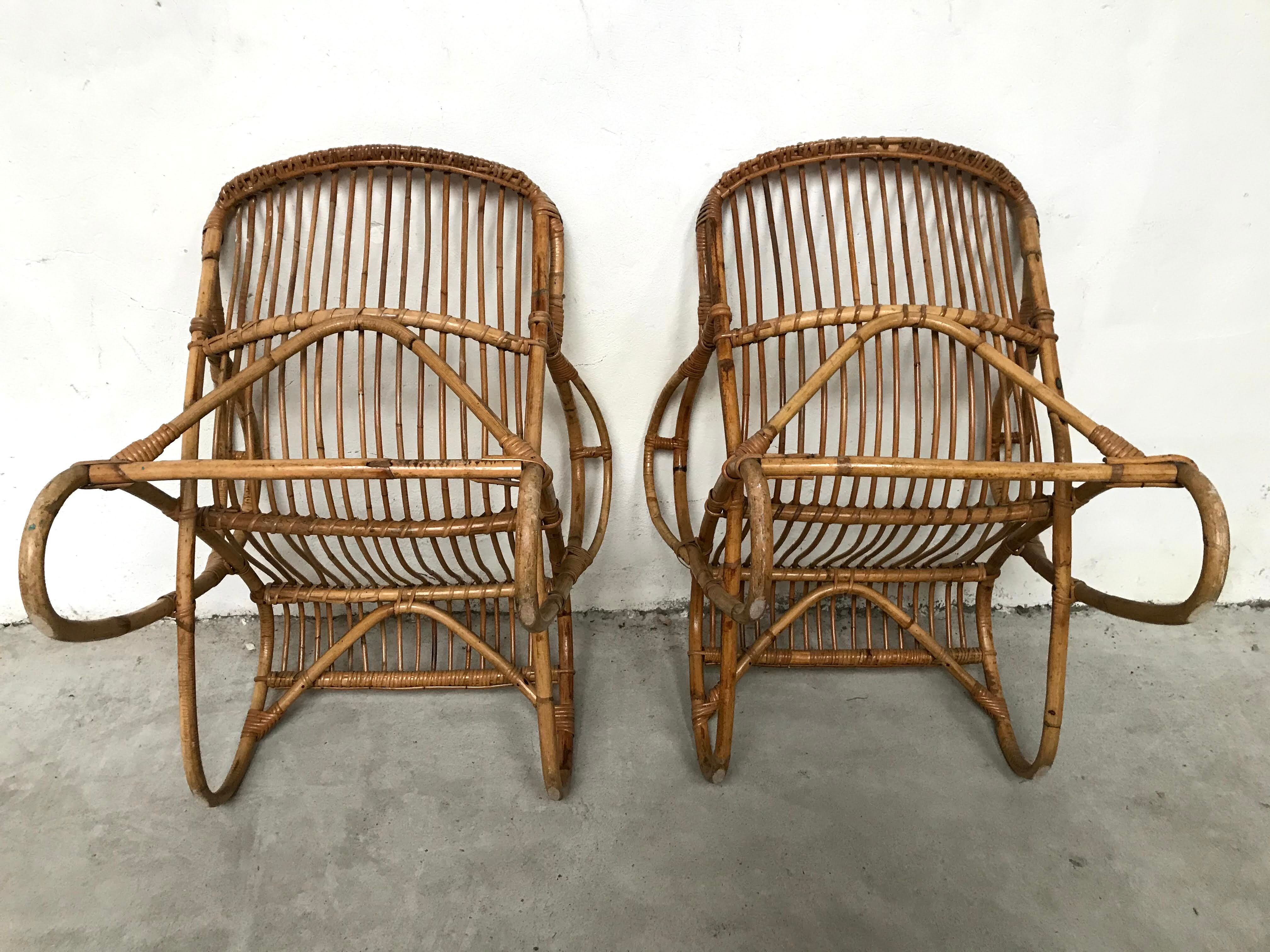Pair of vintage rattan and bamboo chairs, 60s