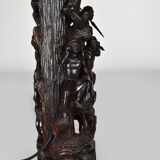 African carved ebony lamp, "Hunters, buffalo and crocodile"