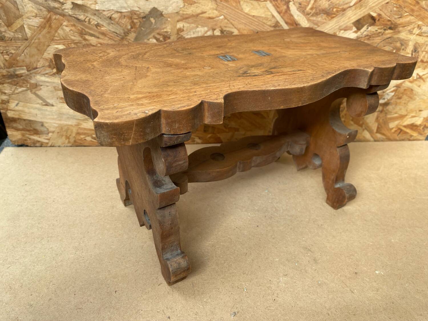 Antique Communion Bench Stool Carved Wood + Metal Monogram Early 20th Century