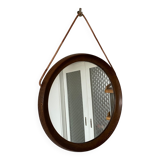 Mid-Century Scandinavian Round Wenge Wood Mirror with Leather Strap, 1950s