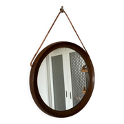 Mid-Century Scandinavian Round Wenge Wood Mirror with Leather Strap, 1950s