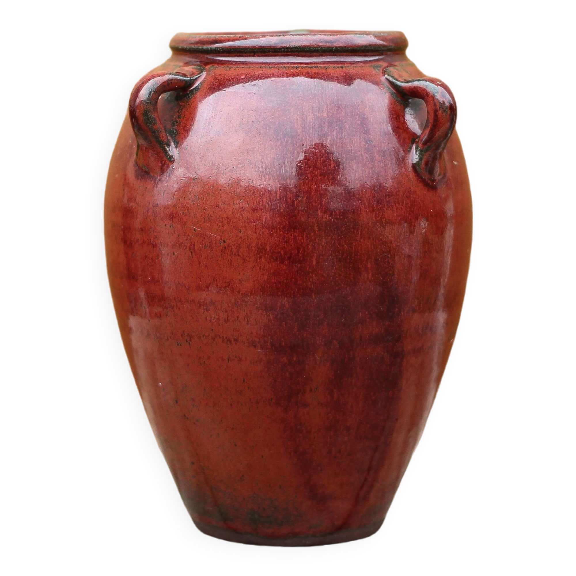 Ox blood red glazed sandstone vase, signed vase, vintage flower pot, vase with handles, collection