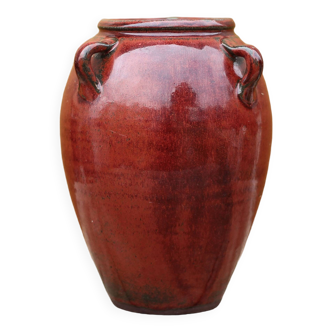 Vase grès vernissé rouge sang de boeuf, vase signé, pot à fleurs vintage, vase à anses, collection