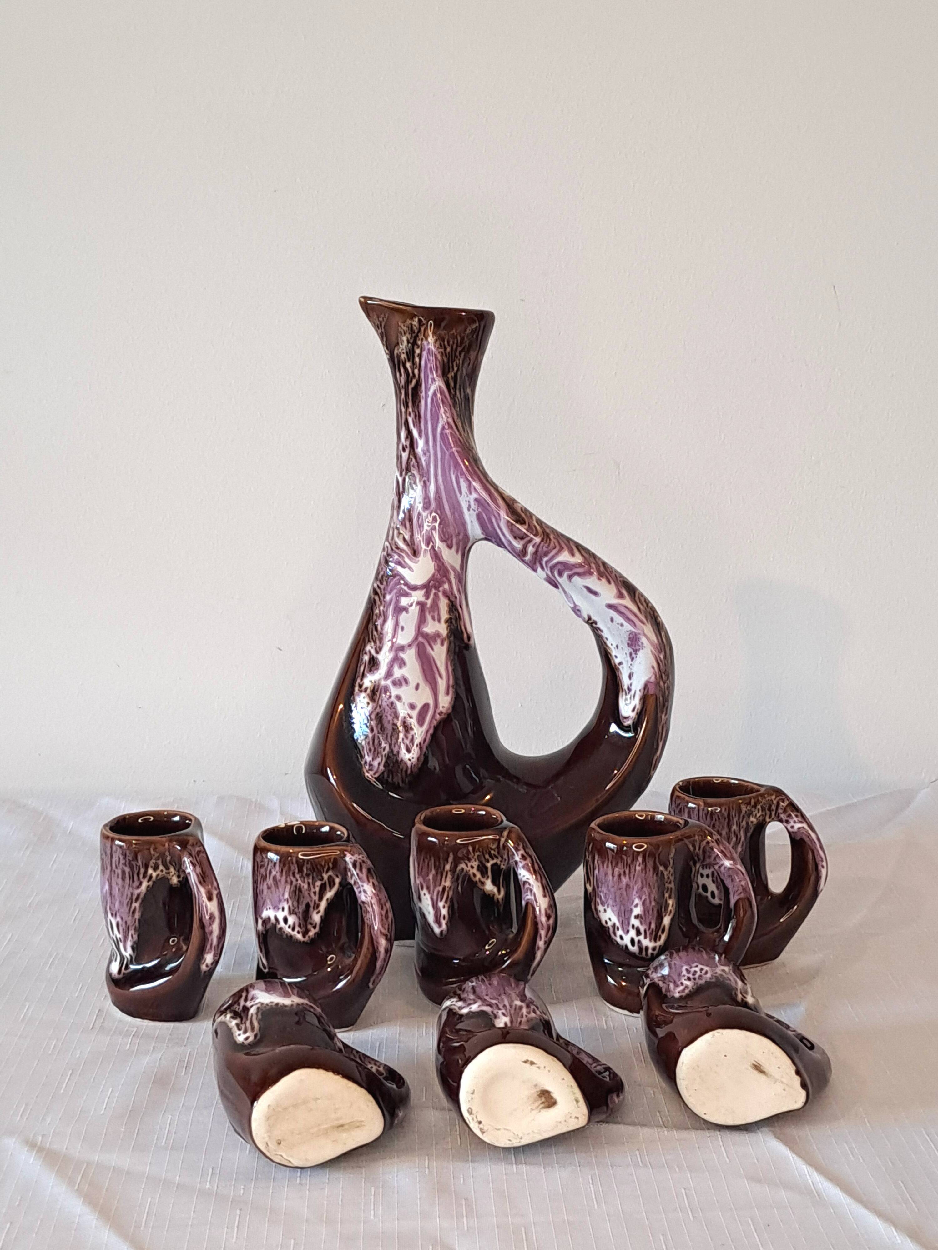 Vintage liqueur set - brown & purple glazed ceramic - 1970s