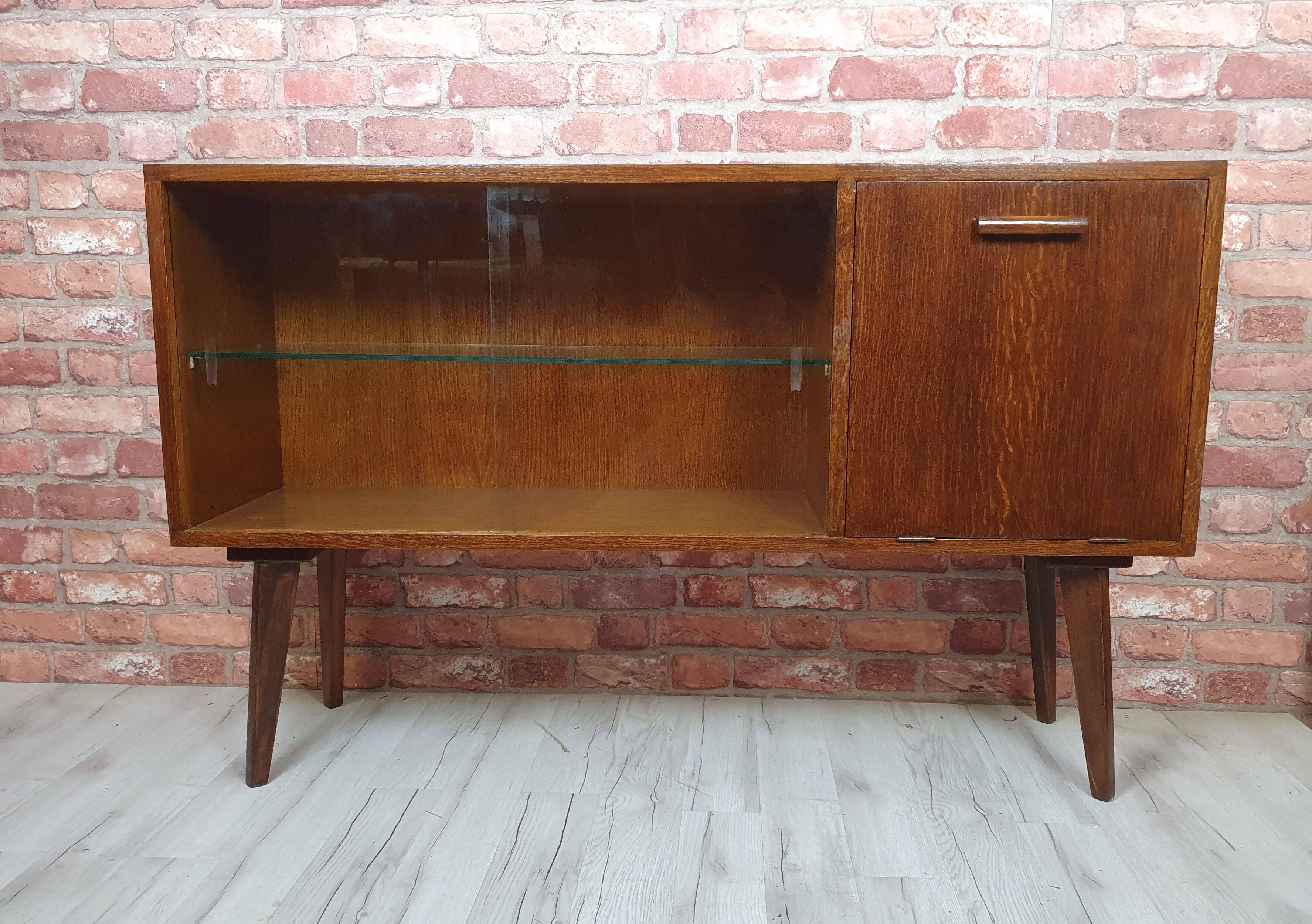 Renovated oak display cabinet with a bar on slanted legs