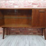 Renovated oak display cabinet with a bar on slanted legs
