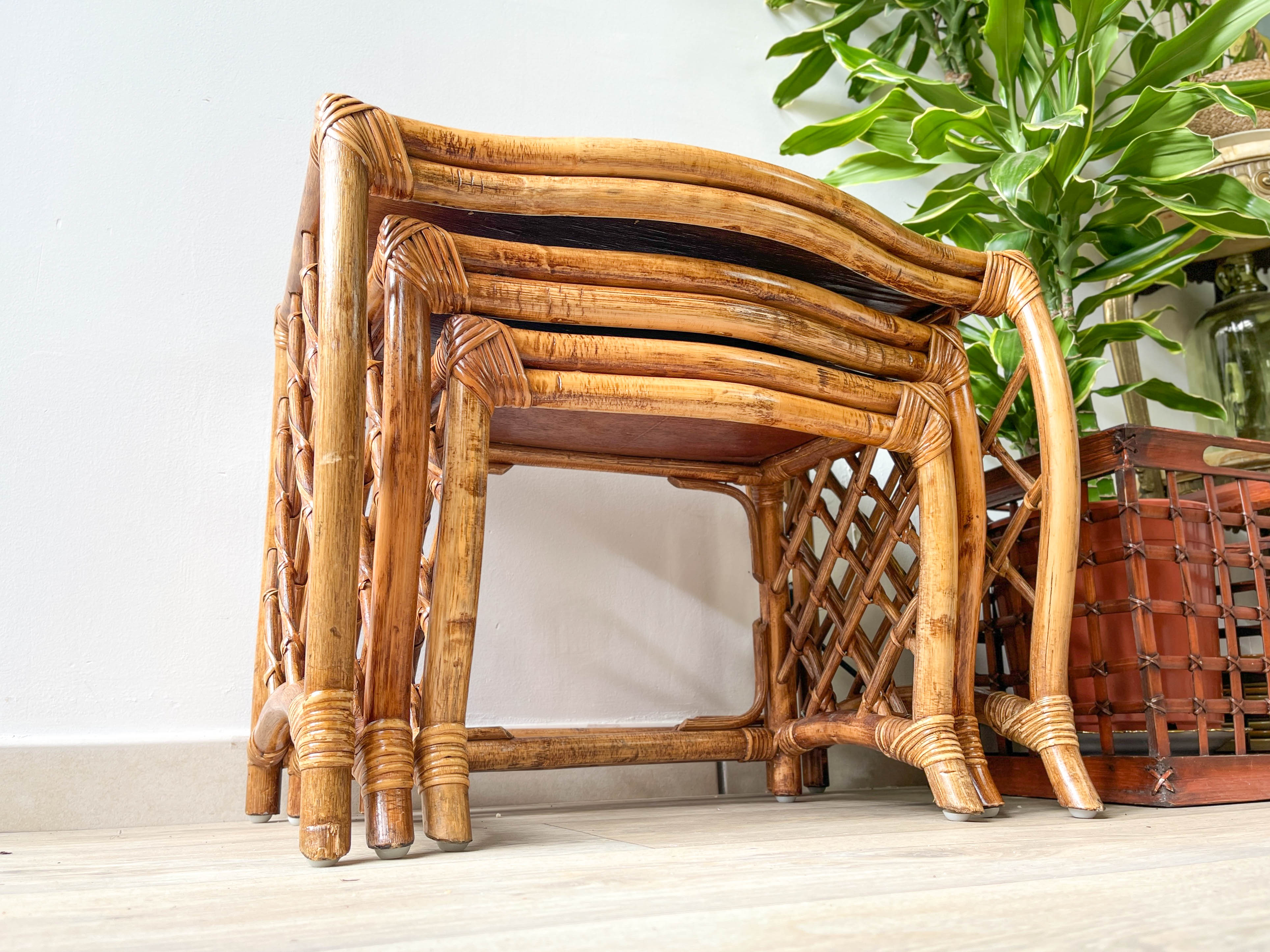 Vintage trundle tables in bamboo and rattan