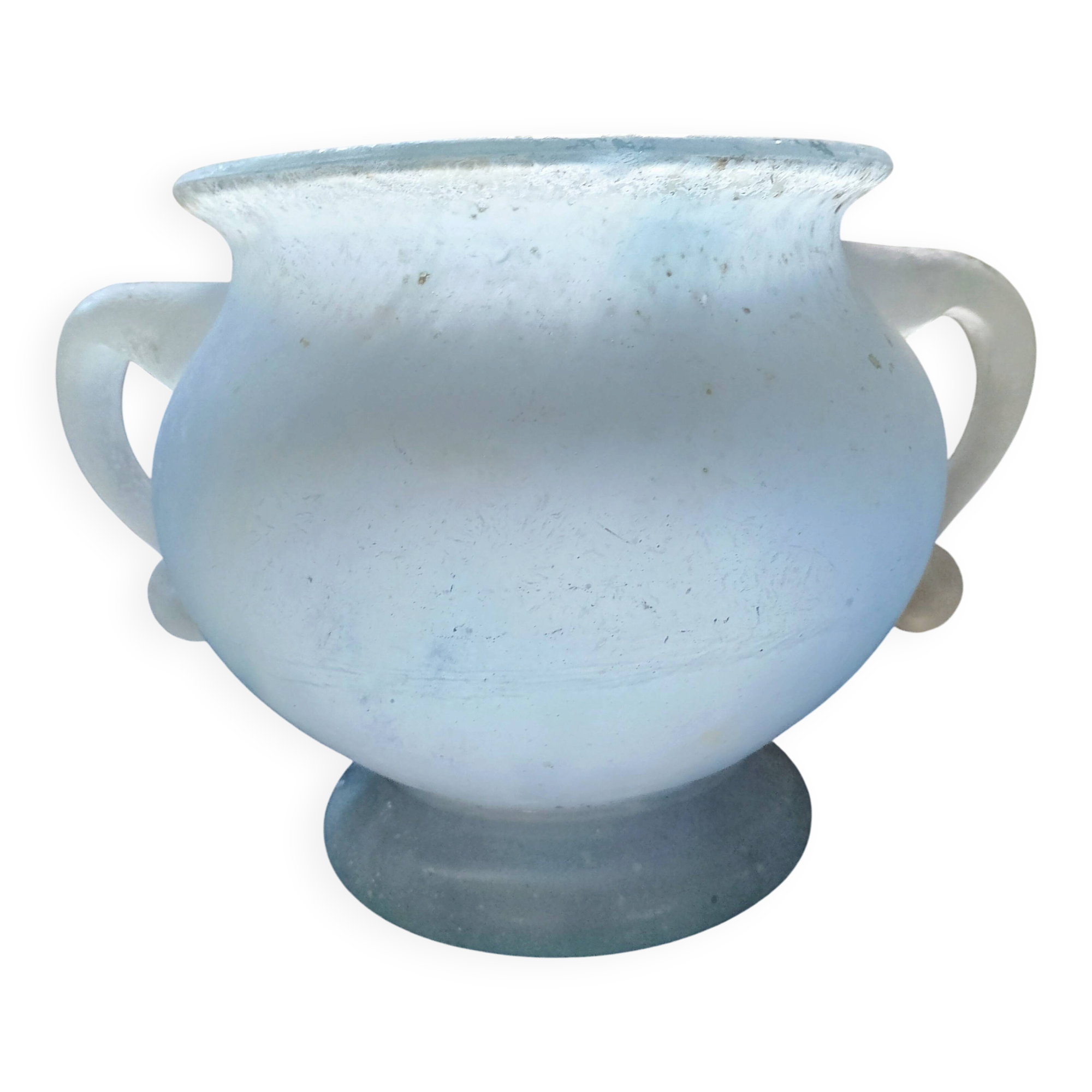 Antique thick white opaline glass vase – 17 cm – 2 handles