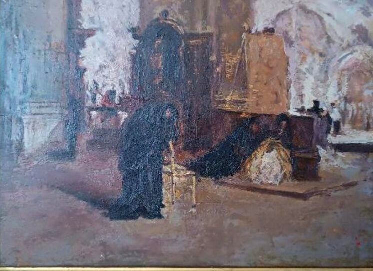 Oil on panel - early 20th century - interior of a church