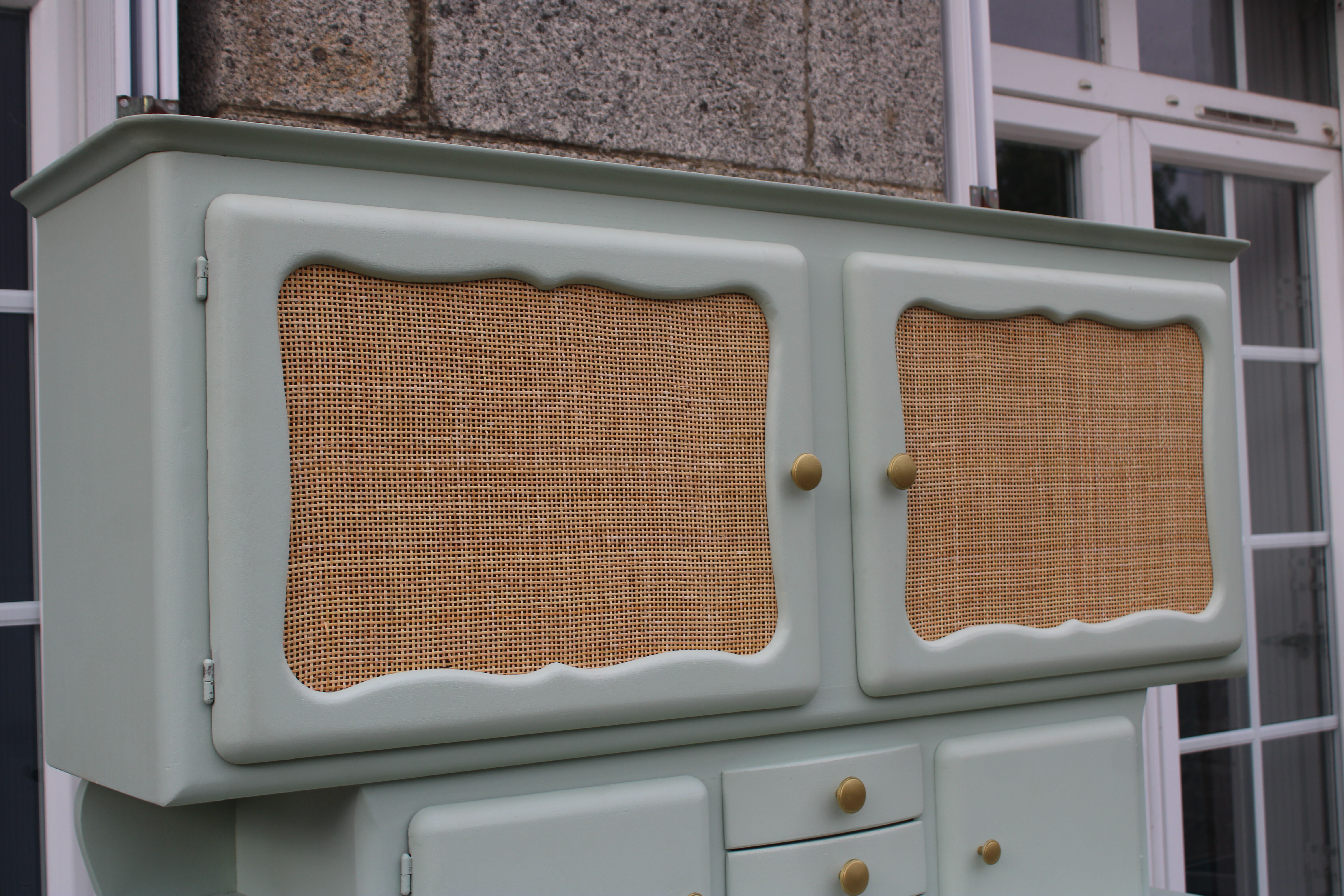 Renovated vintage Mado sideboard – Celadon green & natural cane