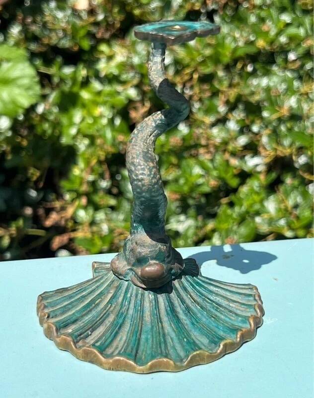 Antique candlestick base – stylised marine fish in patinated bronze
