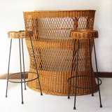 Rattan bar and 2 metal foot stools