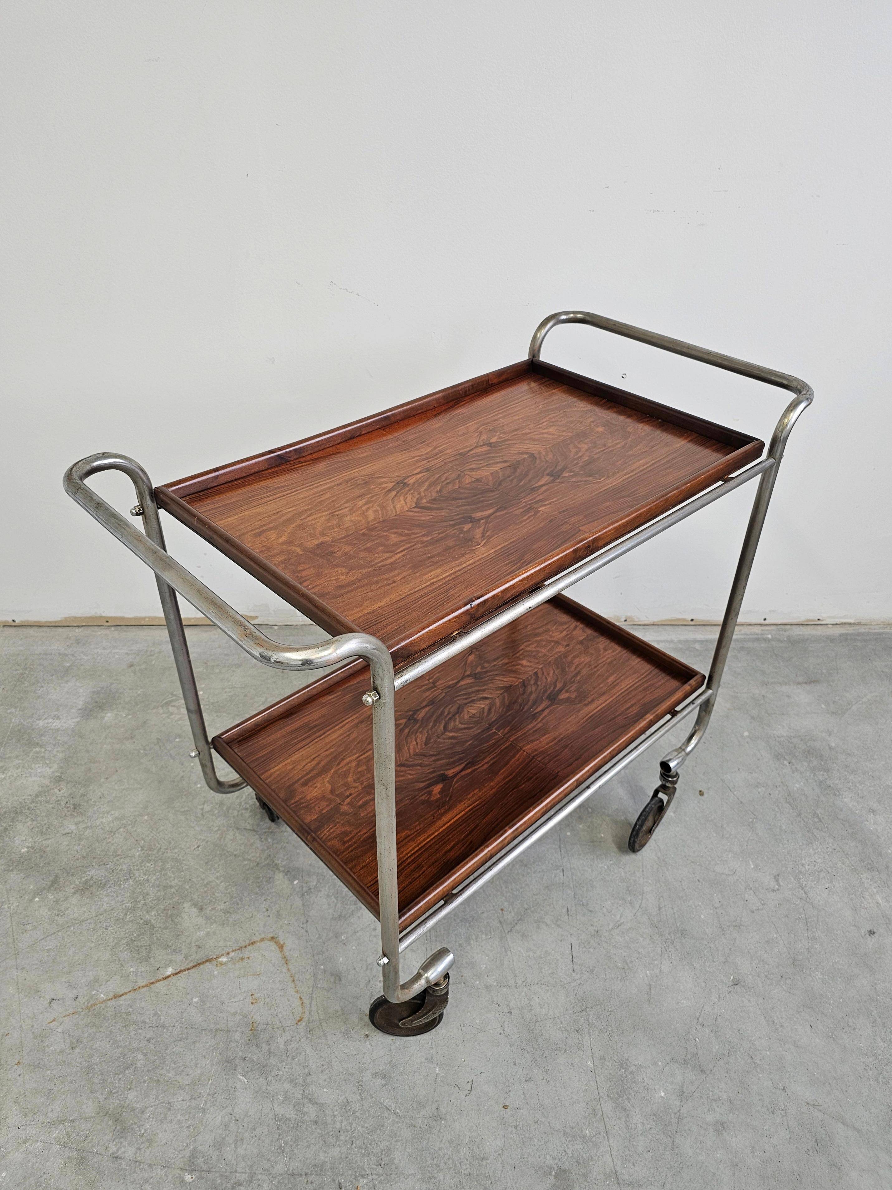 Bauhaus bar cart in walnut root veneer and steel