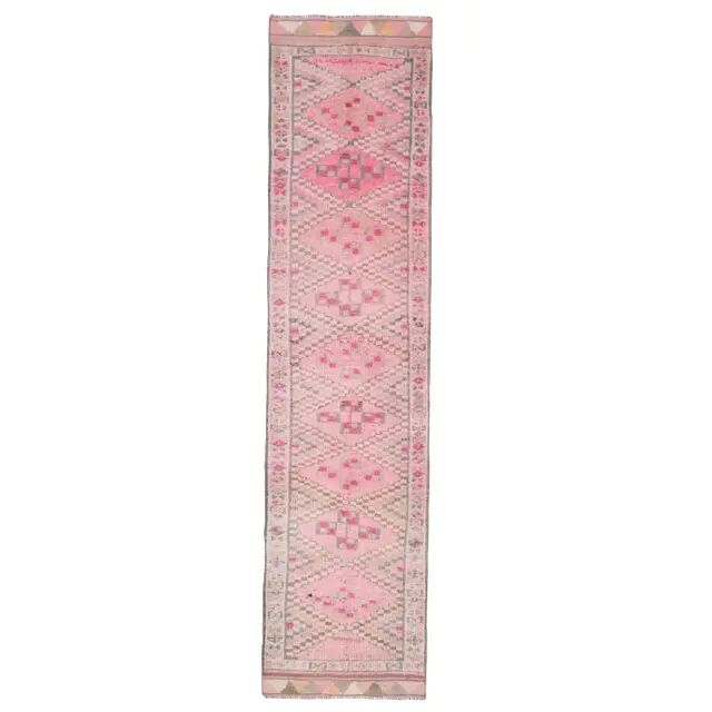 Vintage Turkish Oushak handmade wool cotton pink runner rug 82x346