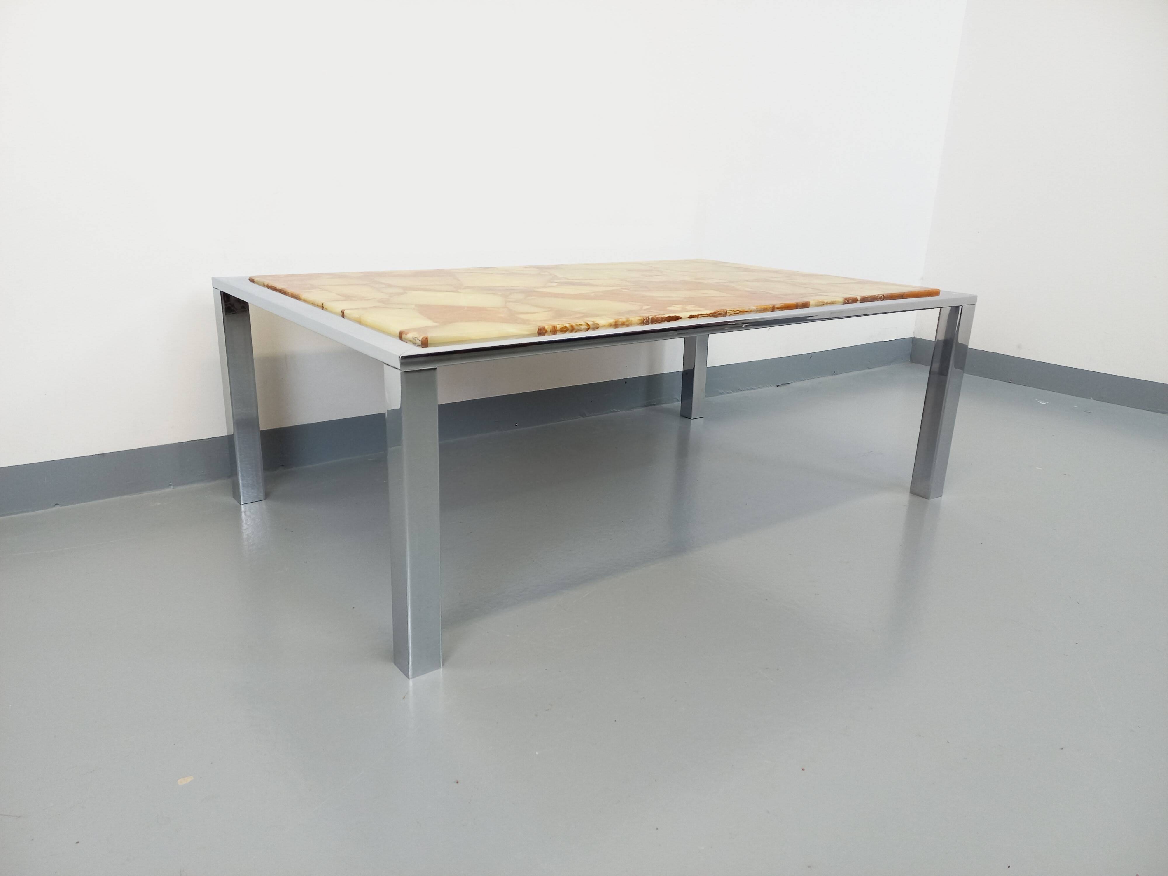 Large vintage coffee table in chrome metal, yellow onyx stone and resin from the 70s
