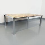 Large vintage coffee table in chrome metal, yellow onyx stone and resin from the 70s