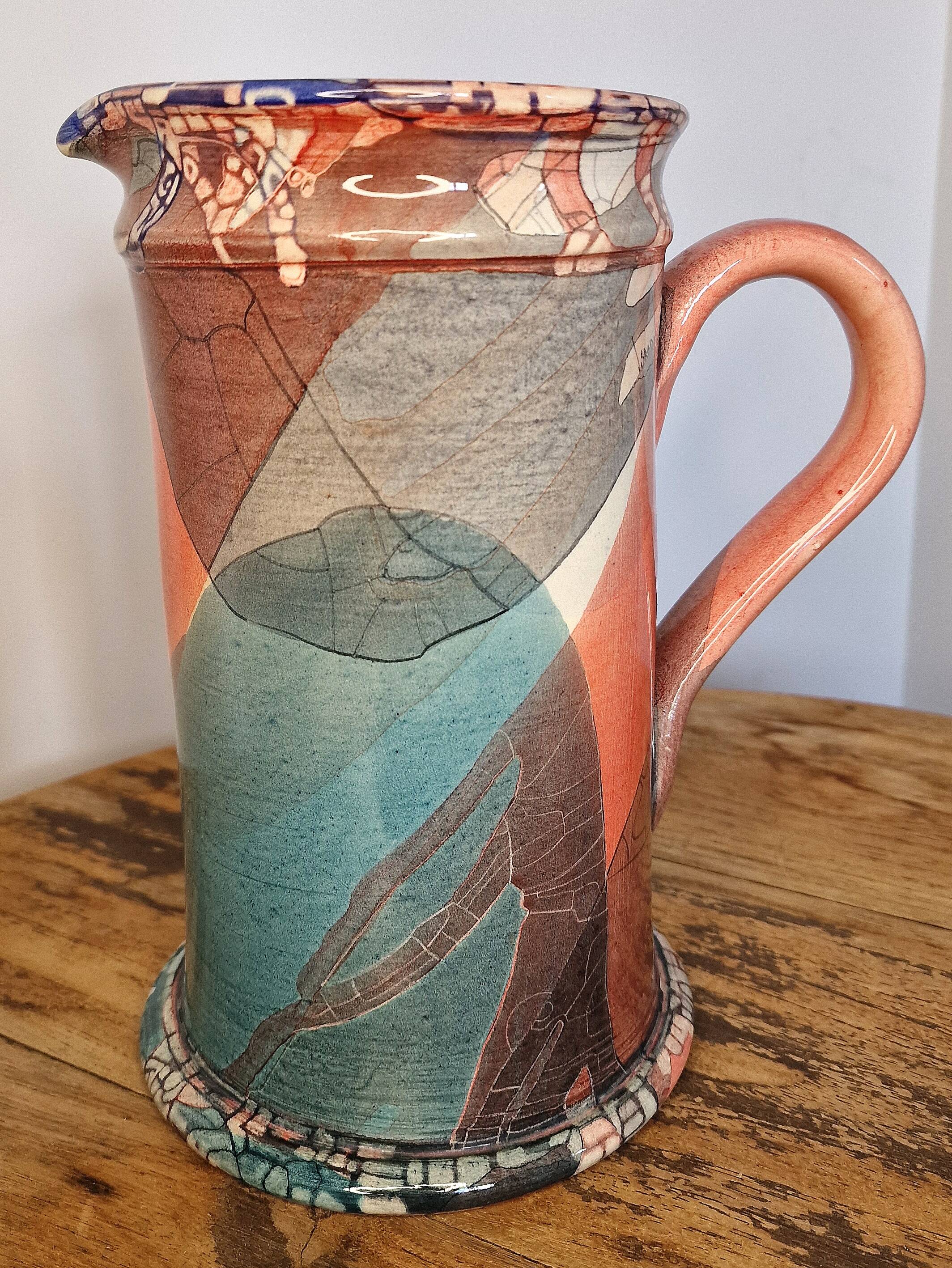 Large sculptural ceramic pitcher by a signed artist – abstract decoration