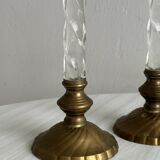 Pair of twisted metal and glass candlesticks