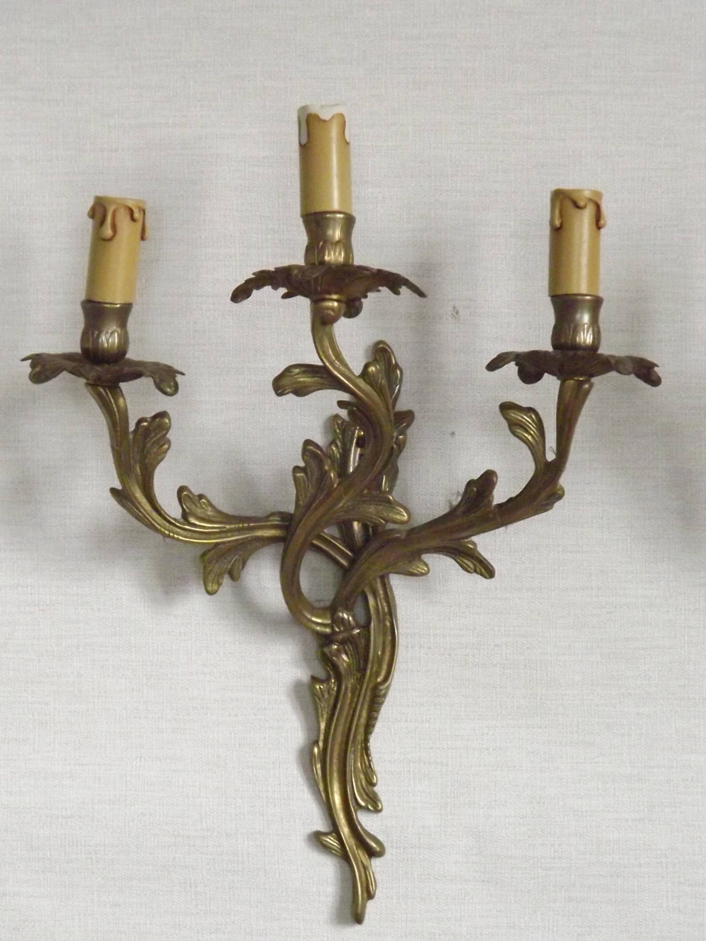 Magnificent Pair of French Antique Bronze Three-Light Acanthus Wall Sconces