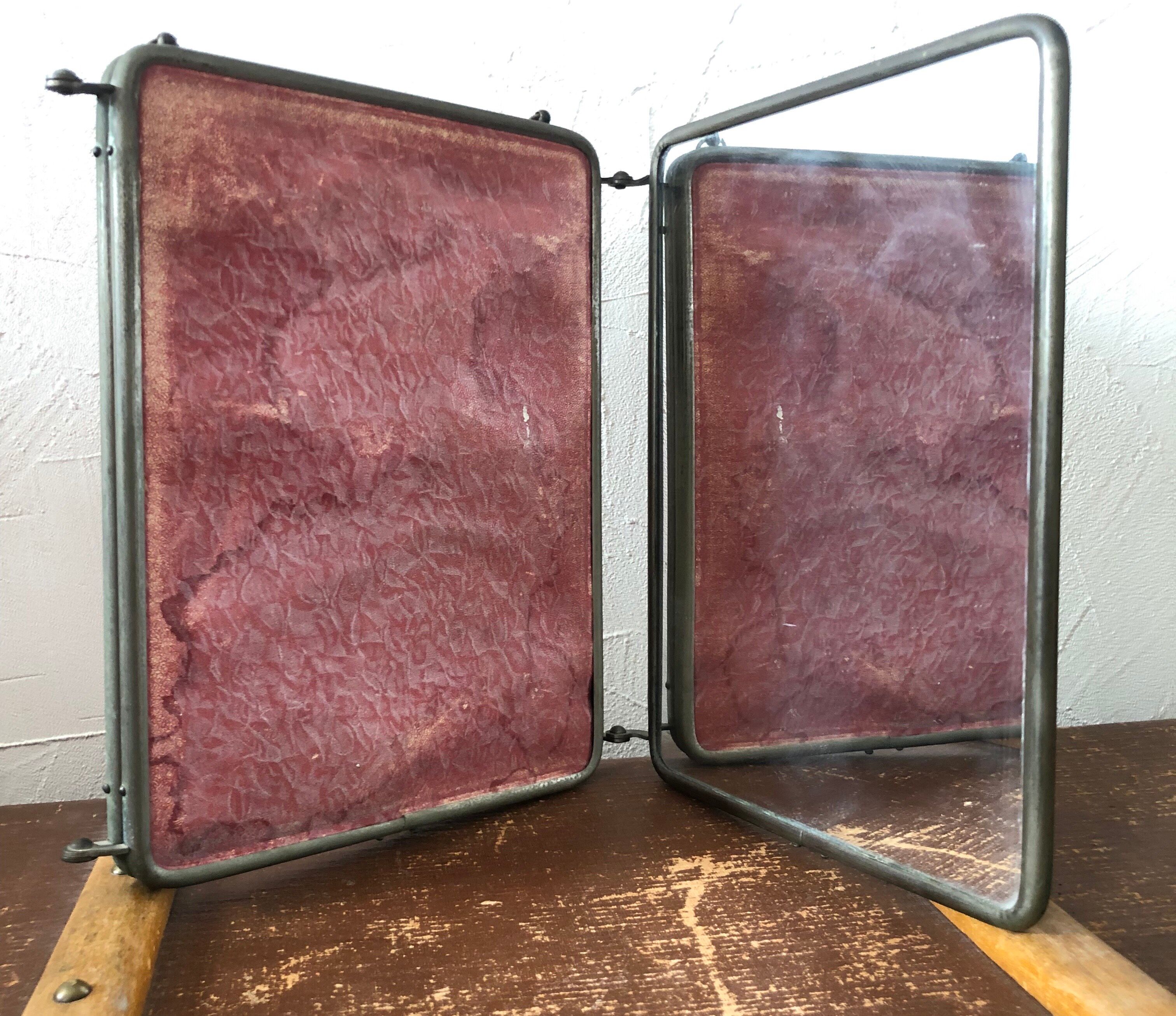 Ancient barber mirror, tryptic brass mount 60x24cm