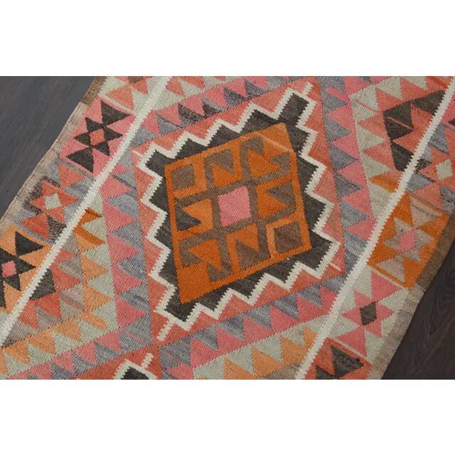 1970s Turkish Oushak Handmade Wool Cotton Pink Runner Rug 98x327