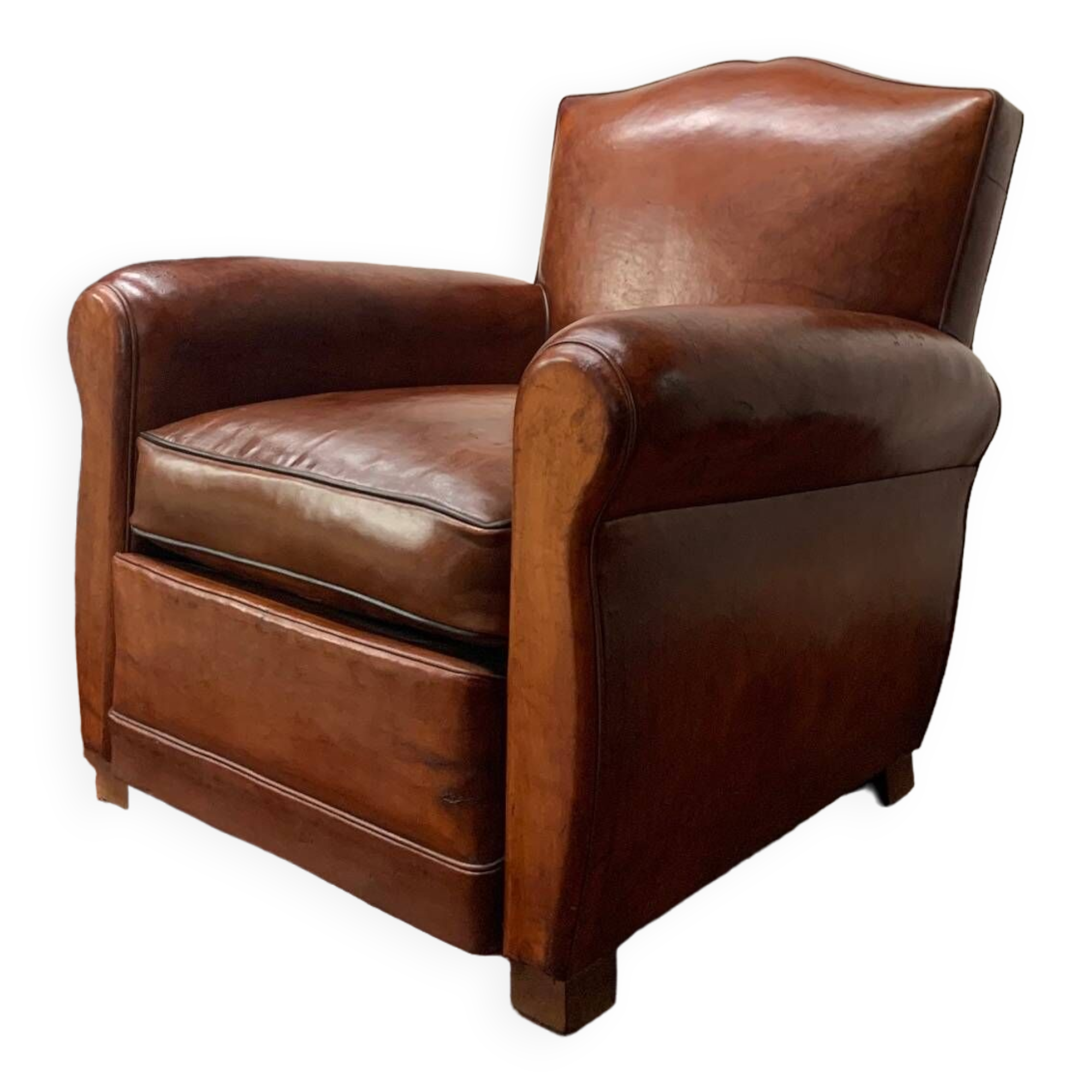 Antique French Leather Club Chair, Moustache Model, Circa 1930’s