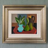 Mid-Century Modern "Pears & Lily of the Valley" Swedish Vintage Expressionist Still Life Tempera Pai