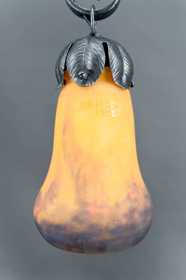 Lampe bicéphale Art Déco, fer forgé à double patine– Muller Frères, c. 1920