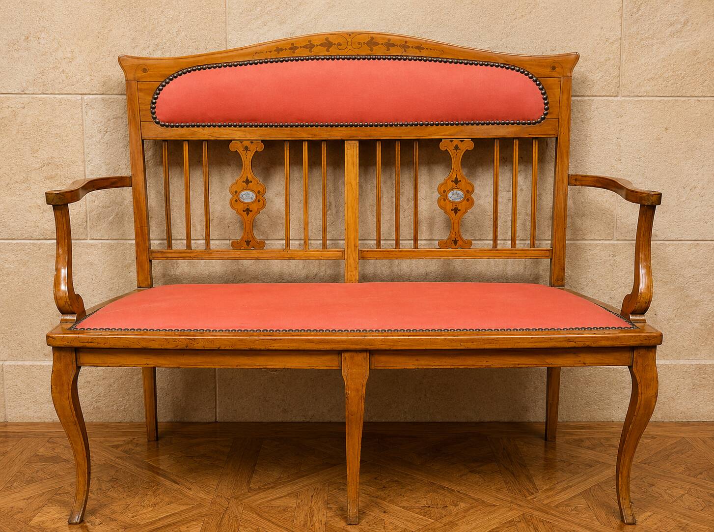 Art Nouveau bench in fruitwood with marquetry